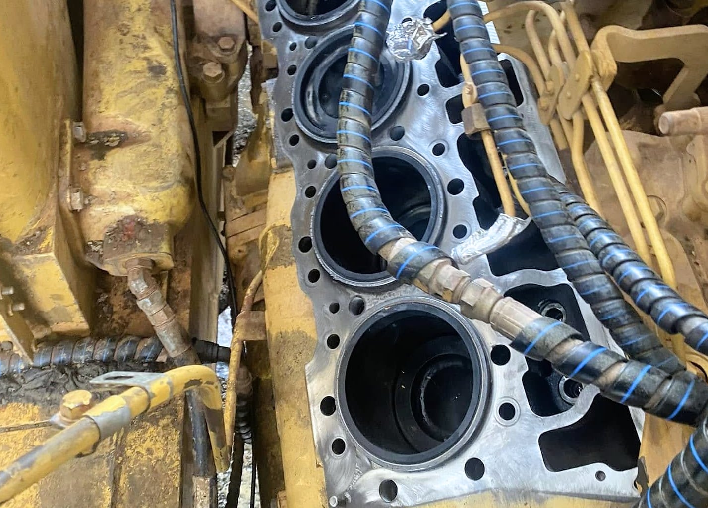 An engine block opened up with the cylinder bores exposed
